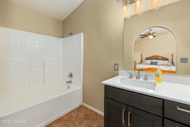 9622 E Paseo, San Ardo, Tucson, AZ 85747 - bathroom featuring tile patterned flooring, ceiling fan, vanity, connected bathroom, and tub / shower combination