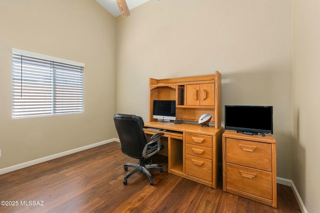 9622 E Paseo, San Ardo, Tucson, AZ 85747 - home office with dark wood-style flooring, baseboards, and high vaulted ceiling