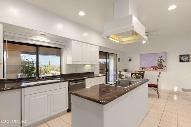 kitchen with black electric cooktop, a sink, light tile patterned flooring, exhaust hood, and dishwasher