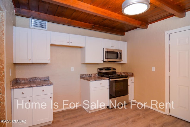kitchen featuring stainless steel appliances, wooden ceiling, white cabinets, and beamed ceiling