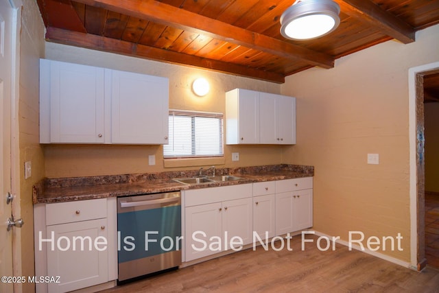 kitchen with stainless steel dishwasher, beamed ceiling, white cabinetry, wooden ceiling, and a sink
