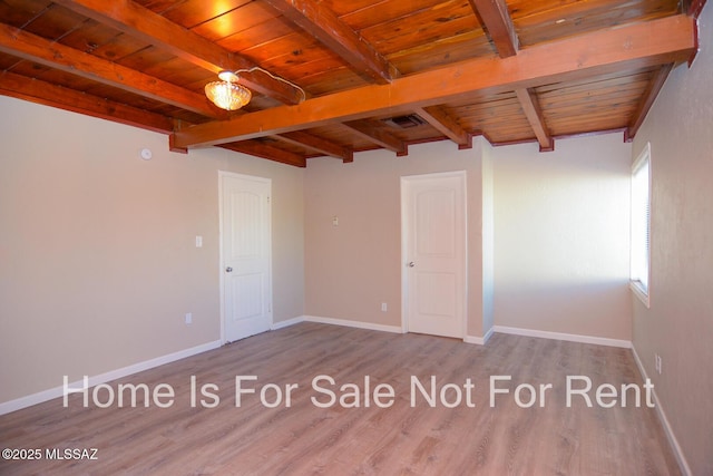 spare room with wood ceiling, wood finished floors, baseboards, and beam ceiling