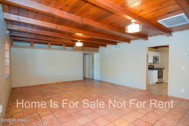 empty room featuring wood ceiling, beamed ceiling, baseboards, and visible vents