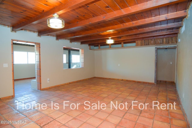 spare room featuring beamed ceiling, baseboards, and wood ceiling