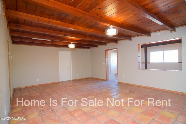 tiled spare room with wooden ceiling, baseboards, and beamed ceiling