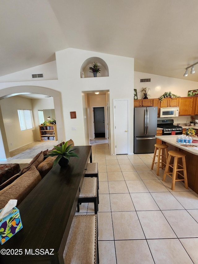 60464 E Blackcrest Loop, Tucson, AZ 85739 - living area with visible vents, light tile patterned floors, and vaulted ceiling