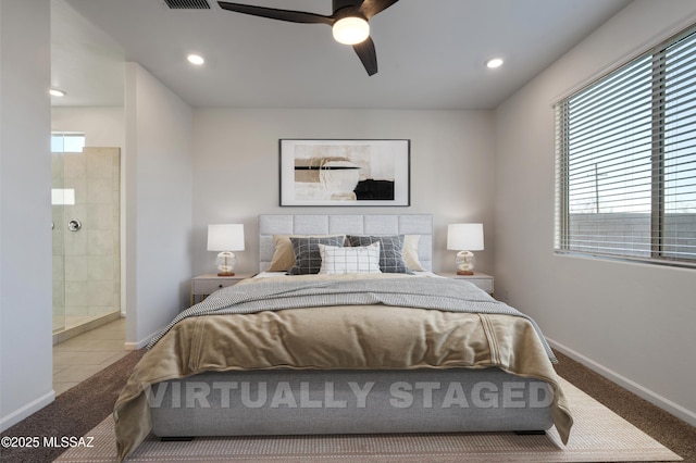 3352 W Shadow Park Way, Tucson, AZ 85742 - bedroom with connected bathroom, baseboards, recessed lighting, and ceiling fan