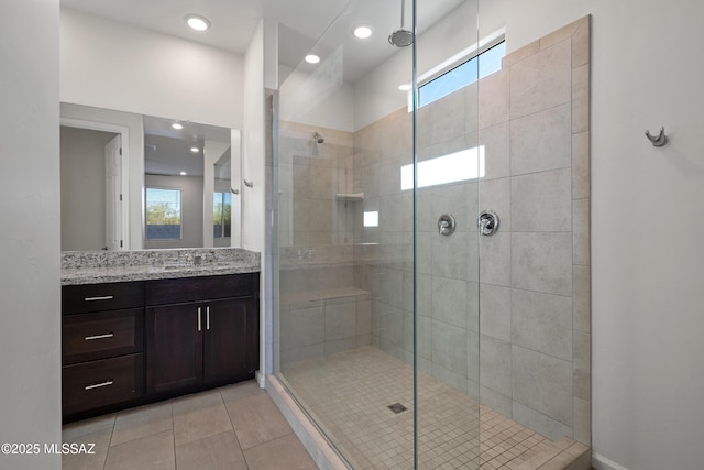 3352 W Shadow Park Way, Tucson, AZ 85742 - full bath with a stall shower, vanity, tile patterned flooring, and recessed lighting