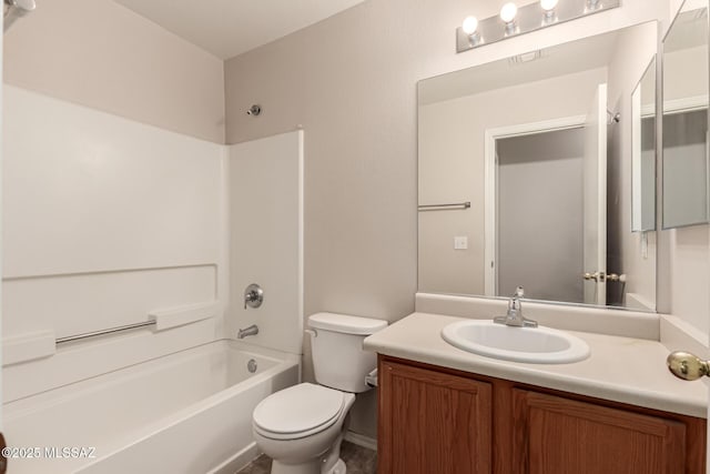 full bath with visible vents, toilet, vanity, and bathtub / shower combination