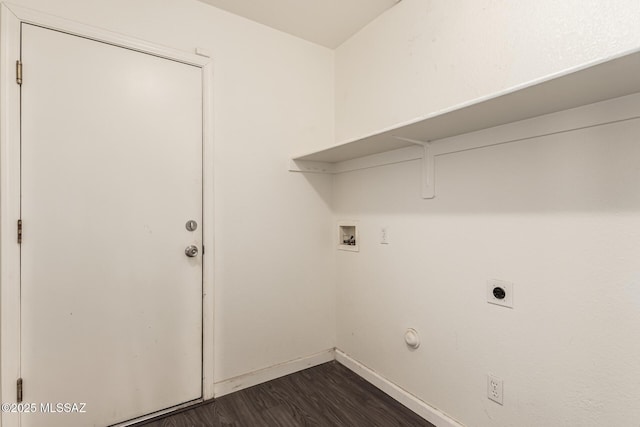 laundry room with dark wood-style floors, baseboards, hookup for a washing machine, electric dryer hookup, and laundry area