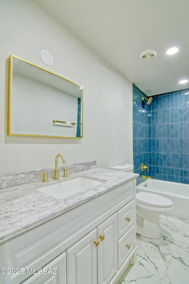 5754 S Ray Stra, Tucson, AZ 85706 - full bathroom with toilet, recessed lighting, shower / bath combination, vanity, and marble finish floor