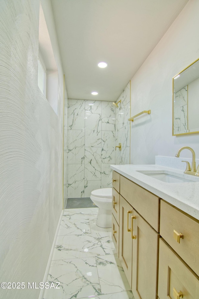 5754 S Ray Stra, Tucson, AZ 85706 - full bathroom featuring recessed lighting, marble finish floor, toilet, vanity, and a marble finish shower