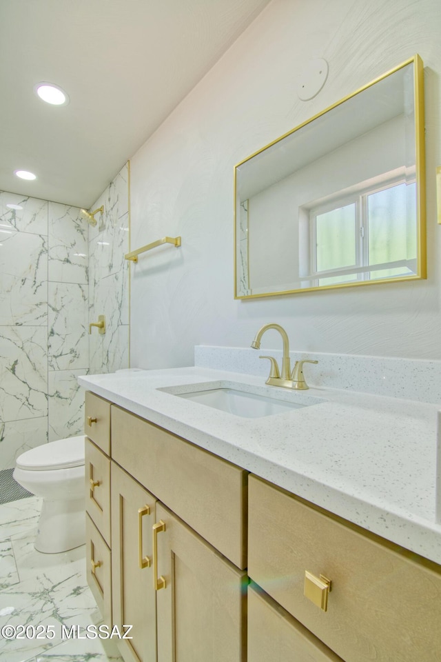 5754 S Ray Stra, Tucson, AZ 85706 - full bathroom featuring recessed lighting, vanity, toilet, marble finish floor, and a marble finish shower