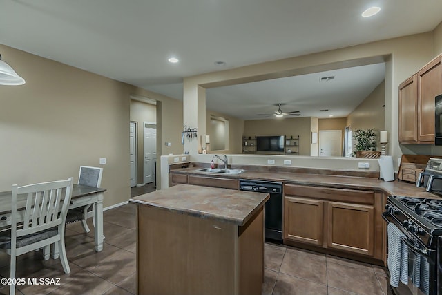 kitchen with a sink, black appliances, ceiling fan, a peninsula, and tile patterned flooring