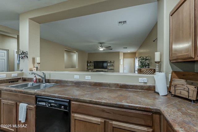kitchen featuring visible vents, a sink, black dishwasher, brown cabinetry, and ceiling fan