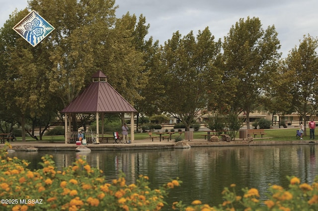 property view of water featuring a gazebo