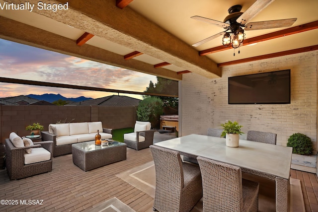 17789 S Silent Meadows Path, Sahuarita, AZ 85629 - view of patio / terrace with outdoor dining area, outdoor lounge area, fence, a jacuzzi, and ceiling fan