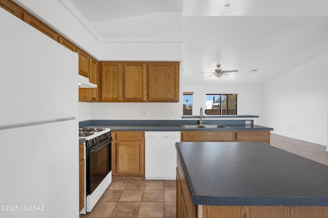 2145 N Horseshoe Trl, Tucson, AZ 85745 - kitchen featuring white appliances, a sink, and dark countertops