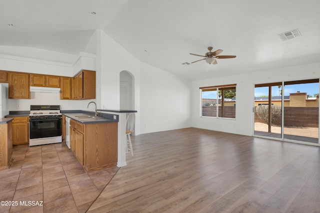 2145 N Horseshoe Trl, Tucson, AZ 85745 - kitchen featuring white range with gas stovetop, a sink, open floor plan, vaulted ceiling, and dark countertops