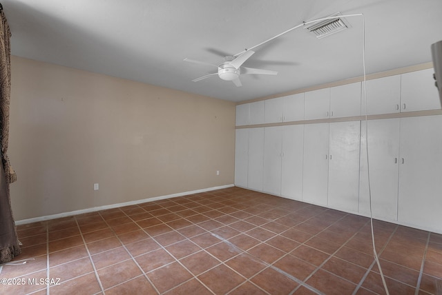unfurnished bedroom with visible vents, tile patterned floors, and a ceiling fan