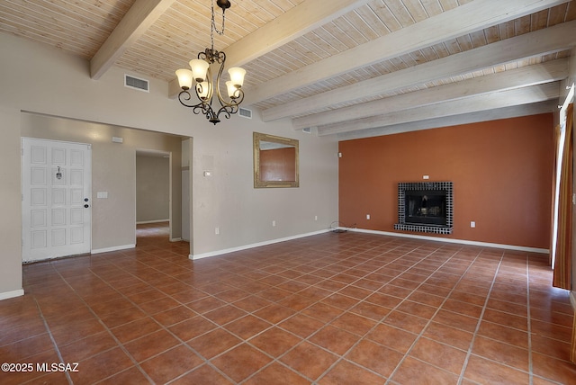 unfurnished living room featuring wood ceiling, baseboards, tile patterned flooring, and a brick fireplace