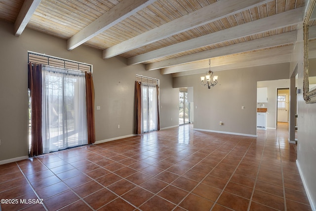 spare room featuring baseboards, dark tile patterned flooring, wooden ceiling, and a notable chandelier