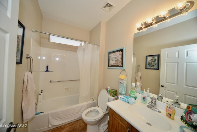 full bathroom featuring tile patterned floors, visible vents, toilet, vanity, and shower / bath combo