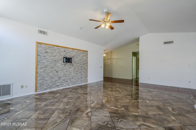 unfurnished living room with ceiling fan, vaulted ceiling, and visible vents