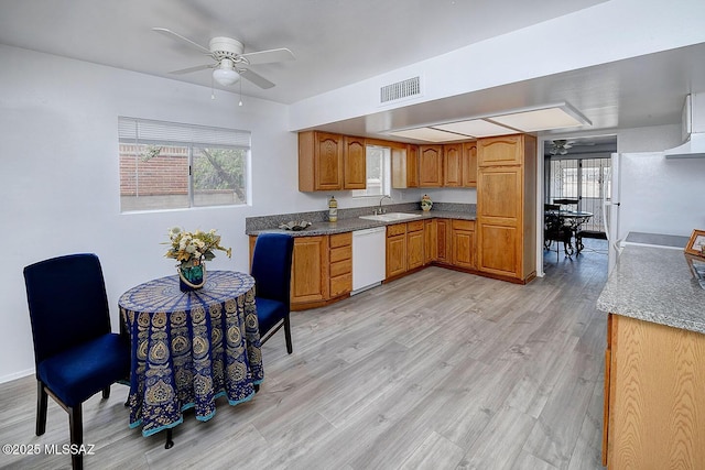 kitchen with a sink, visible vents, plenty of natural light, dishwasher, and a ceiling fan