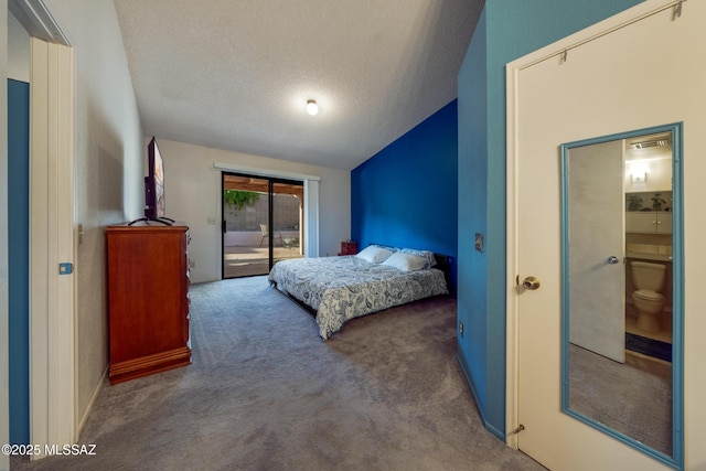 10101 E Bryonwood Ln, Tucson, AZ 85730 - bedroom with carpet, lofted ceiling, a textured ceiling, and access to exterior