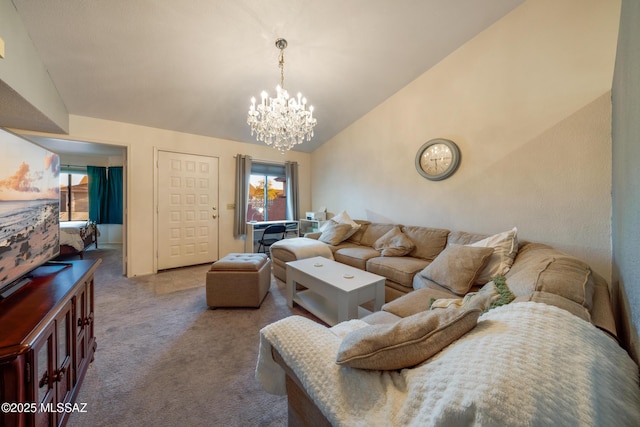 10101 E Bryonwood Ln, Tucson, AZ 85730 - carpeted living area featuring an inviting chandelier and lofted ceiling