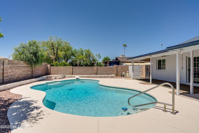 view of pool with a patio, a fenced backyard, a ceiling fan, and a fenced in pool