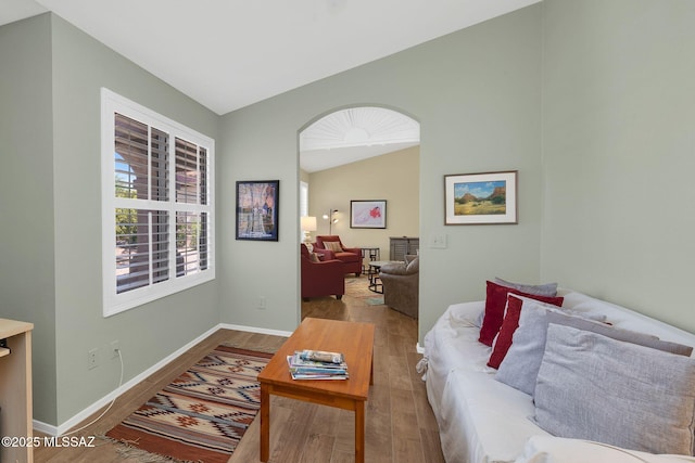 living area featuring baseboards, wood finished floors, and lofted ceiling