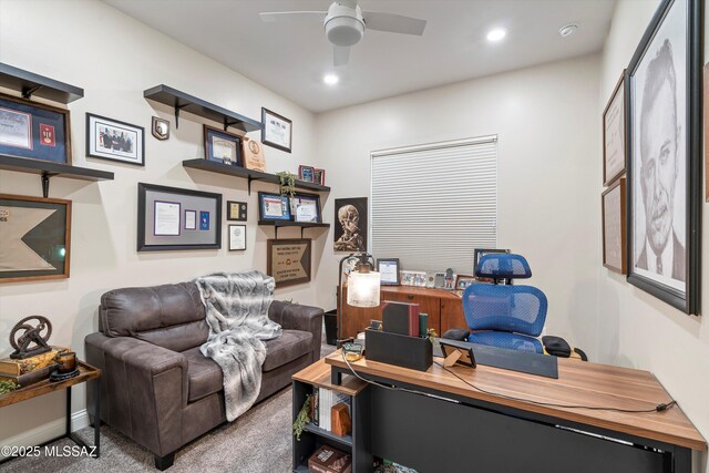660 W Aviator Crossing Dr, Oro Valley, AZ 85755 - carpeted home office with baseboards, a ceiling fan, and recessed lighting
