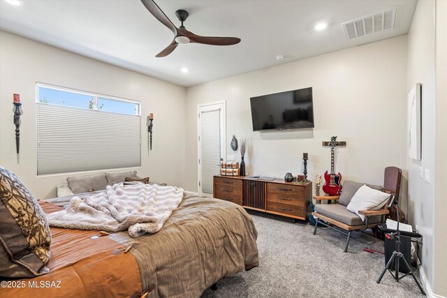 660 W Aviator Crossing Dr, Oro Valley, AZ 85755 - bedroom featuring light colored carpet, a ceiling fan, visible vents, and recessed lighting