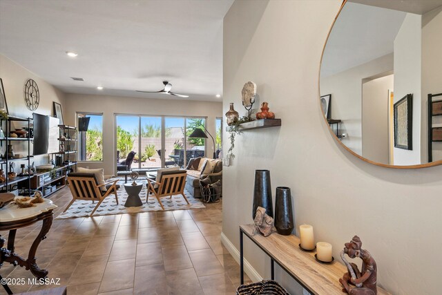660 W Aviator Crossing Dr, Oro Valley, AZ 85755 - tiled living room featuring a ceiling fan and recessed lighting
