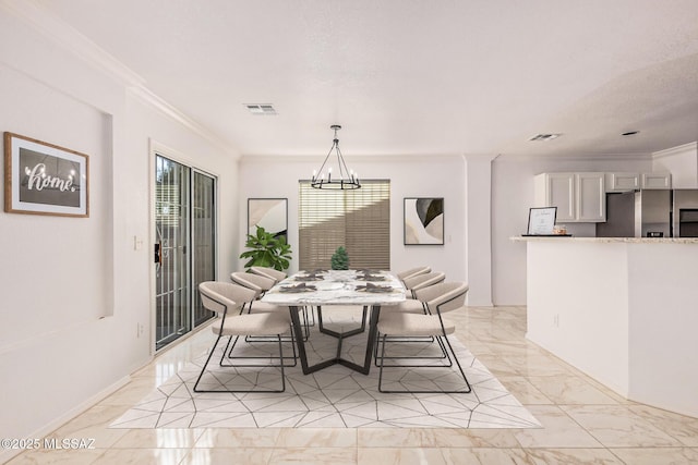 dining area with crown molding, visible vents, marble finish floor, and an inviting chandelier