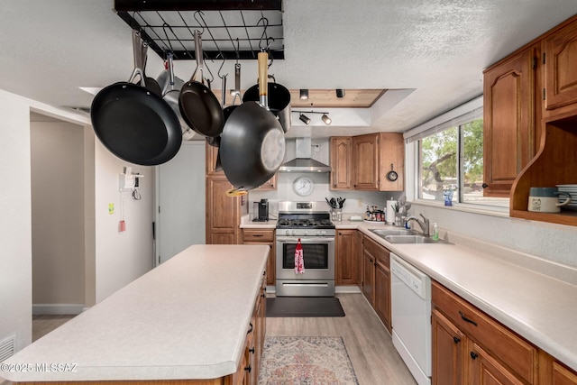 kitchen featuring light wood-style floors, white dishwasher, stainless steel gas range oven, a center island, and a sink