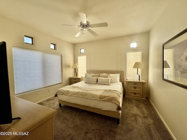 bedroom with carpet, baseboards, and ceiling fan