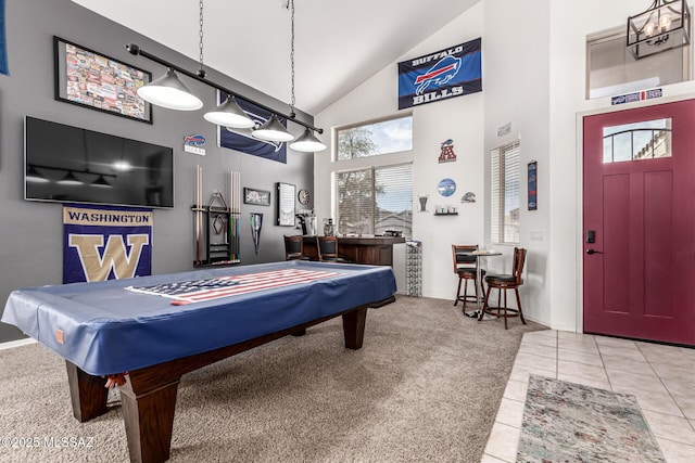game room featuring carpet flooring, billiards, high vaulted ceiling, and baseboards