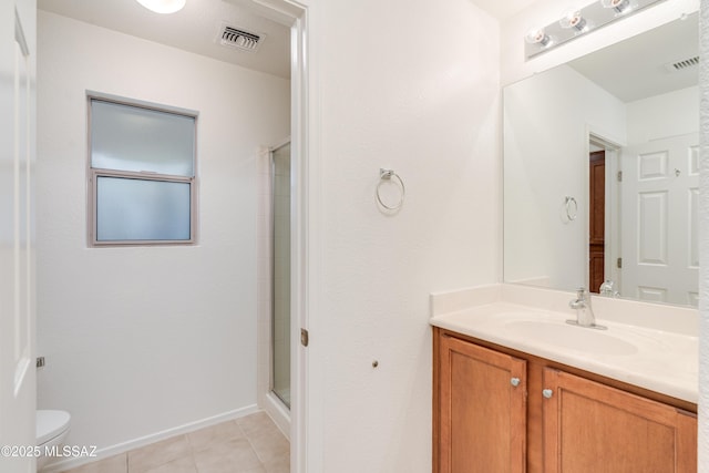 bathroom featuring toilet, vanity, tile patterned floors, and visible vents