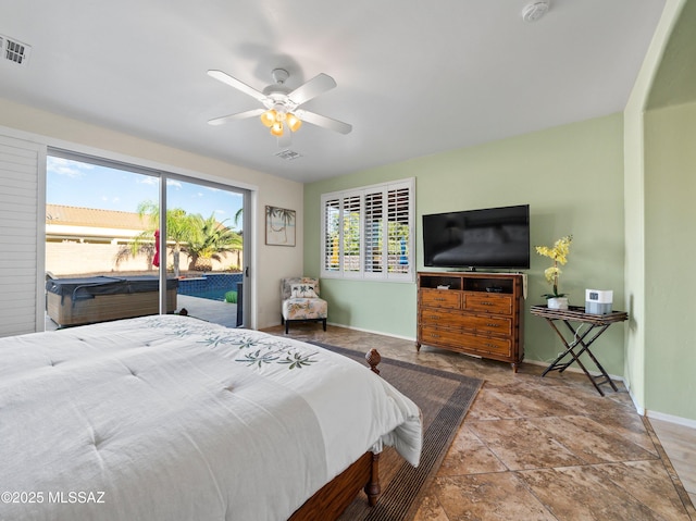 bedroom with access to exterior, visible vents, a ceiling fan, and baseboards