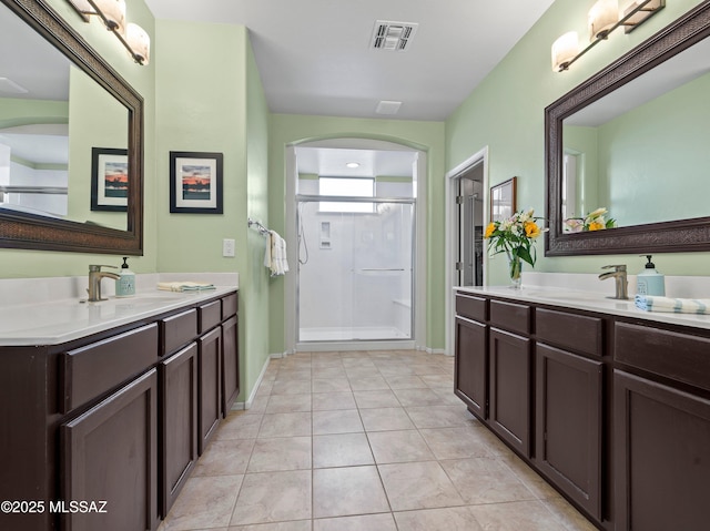 bathroom with two vanities, visible vents, a shower stall, and a sink