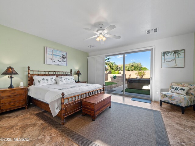 bedroom with visible vents, ceiling fan, and access to outside