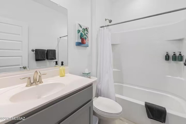 bathroom featuring toilet, vanity, and shower / bathtub combination with curtain