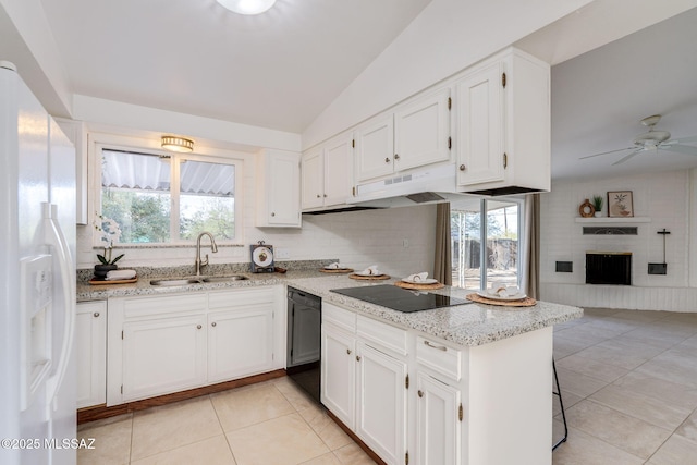 2826 W Jacinto St, Tucson, AZ 85745 - kitchen featuring black appliances, a sink, light tile patterned floors, white cabinets, and light stone countertops