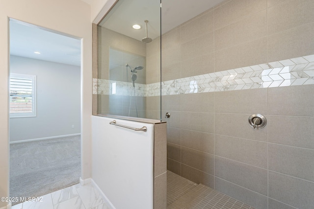 435 E Day Flower Dr, Tucson, AZ 85755 - bathroom with a walk in shower, recessed lighting, and marble look tile flooring