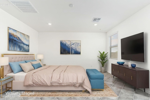 bedroom featuring visible vents, recessed lighting, and light tile patterned flooring