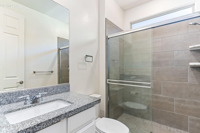 full bath featuring a shower stall, toilet, and vanity