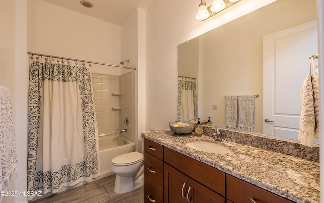 13274 Humphreys Peak Dr, Oro Valley, AZ 85755 - bathroom featuring shower / tub combo, wood finished floors, toilet, and vanity